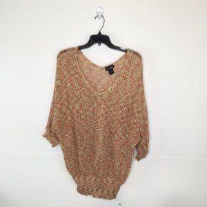 Lane Bryant Top Women 18/20 Orange Yellow Shimmer Knit Pointelle V-Neck Pullover